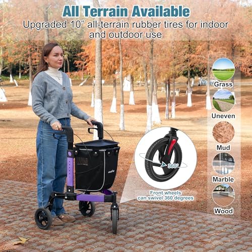 3 Wheel Rollator Walker, Walkers for Seniors, Rollator Walker Lightweight Foldable, with Tray and Large Storage Bag, 10 Inch Front Wheel for All Terrain, Purple