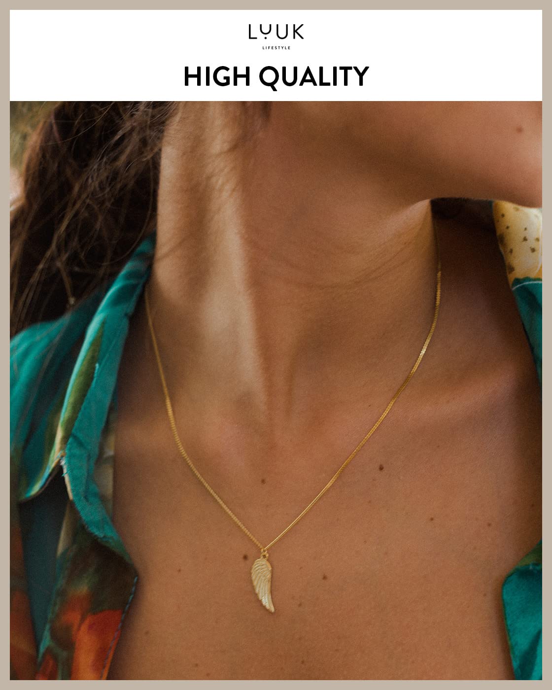 LUUK LIFESTYLE Necklace with angel wings pendant and HAPPINESS gift card, 925 sterling silver, fashion jewelry for everyday life, beach, water resistant, trendy boho design, 19” chain length, gold