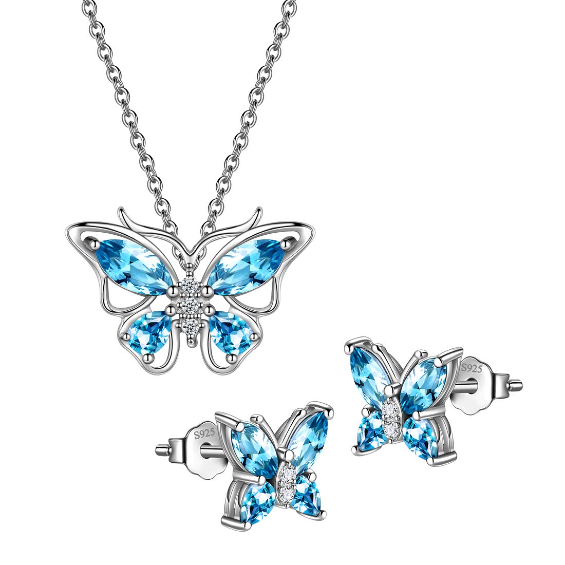 Hipunk Butterfly Blue Jewelry Sets Birthstone Women 925 Sterling Silver March-Auqamarine Birth Stone Animal Butterflies Jewelry Sets/Earring Set Crystal Birthday Jewelry SS0001M
