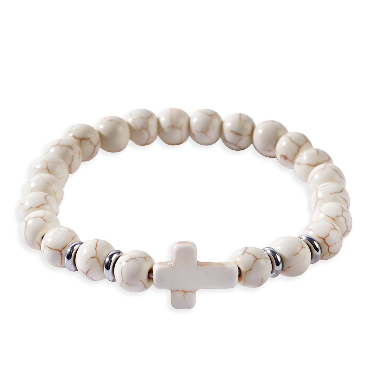 Frigotine White Cross Gemstone Beaded Stretch Protection Bracelet for Man Woman, Handmade Healing Stone Chakra Beads Elastic Bracelets Religious Accessories Fashion Jewelry Fathers Gift