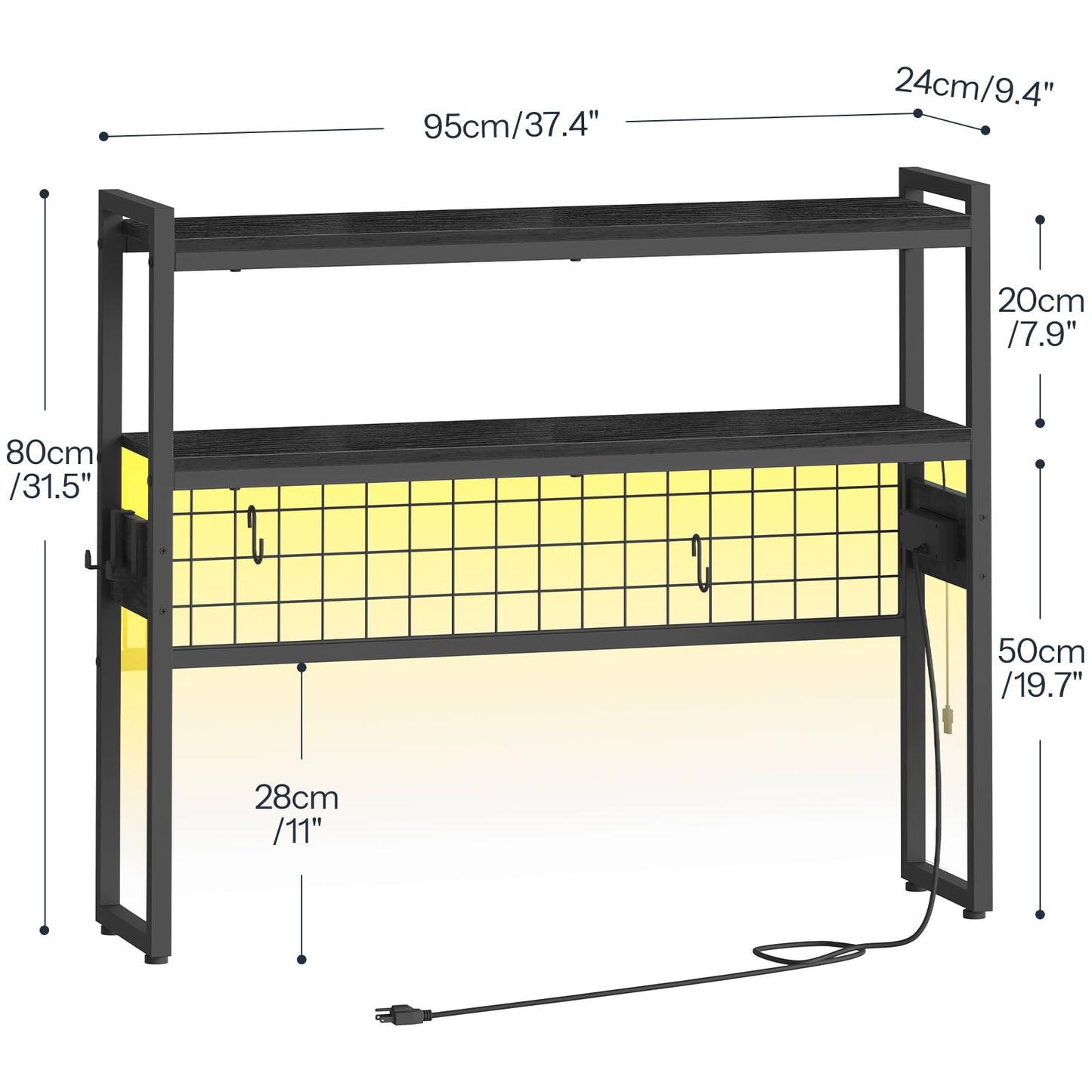 HOOBRO Desktop Bookcase, 37.4" Large Desk Shelf, 2-Tier Desktop Organizer, Wooden Office Storage Rack with Outlets, Display Shelf Rack with Light Strip, Desk Hutch for Office, Black BB13UDSJ01