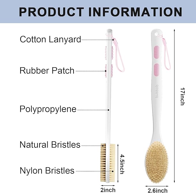 Back Scrubber for Shower with Long Handle, Exfoliating Bath Brush for Body - Double Sided Bristles (Stiff & Soft), Anti-Slip Grip, Lightweight - Gift for Seniors, Includes Lanyard & Hook, Pink