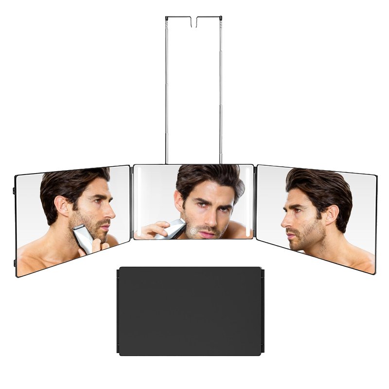 Moruedtu 3 Way Mirror with Light,Trifold Barber Mirror for Self Haircut,360° View HD Glass with Dimmable LED, Height Adjustable Hooks for Home &Travel Grooming, Braiding,Shaving & Makeup(Black)