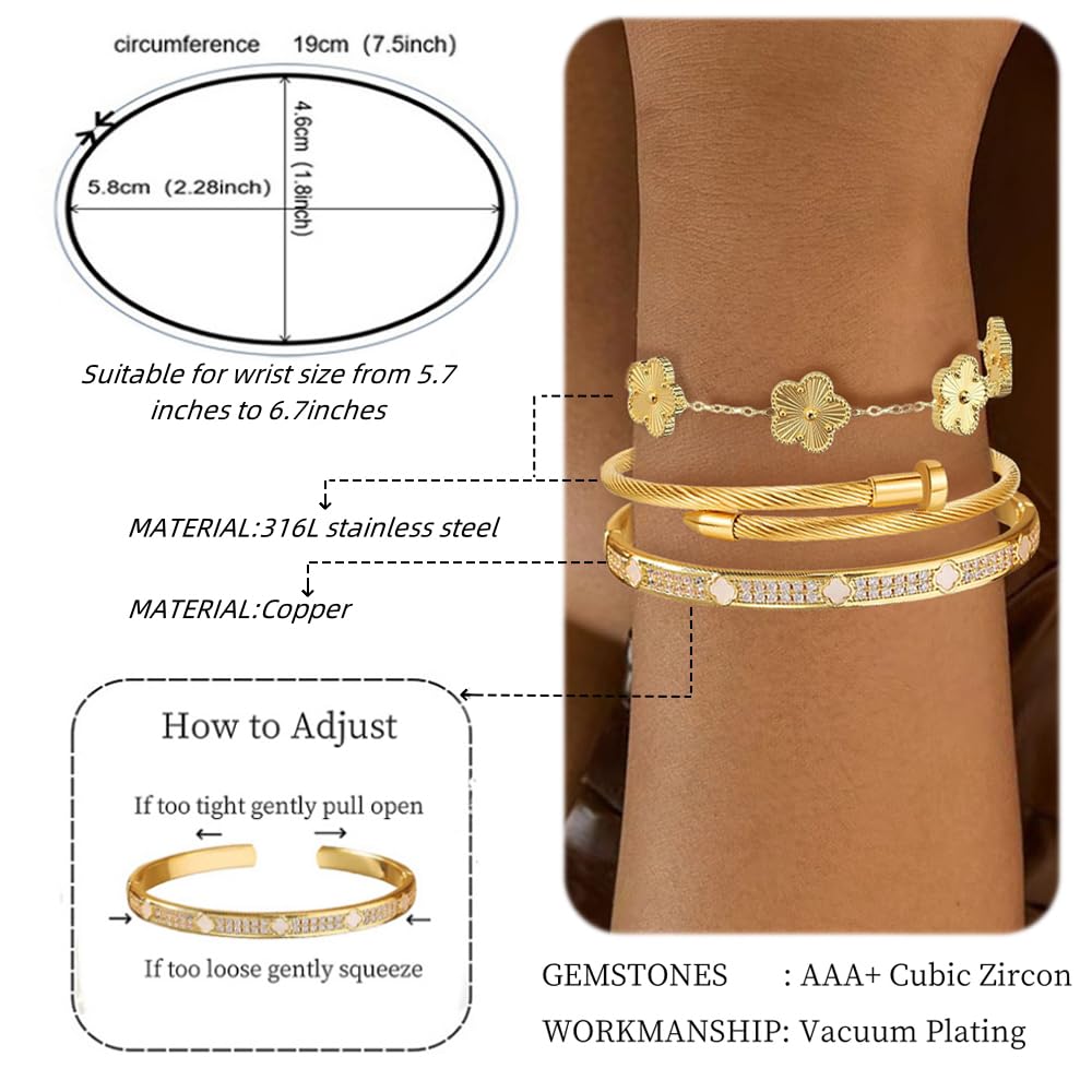 Nail Bracelets set for Women 3Pcs Stackable Love Bangle 18K Gold Plated Clovers Bracelet Floral Bracelet Set Trendy Gifts for Women