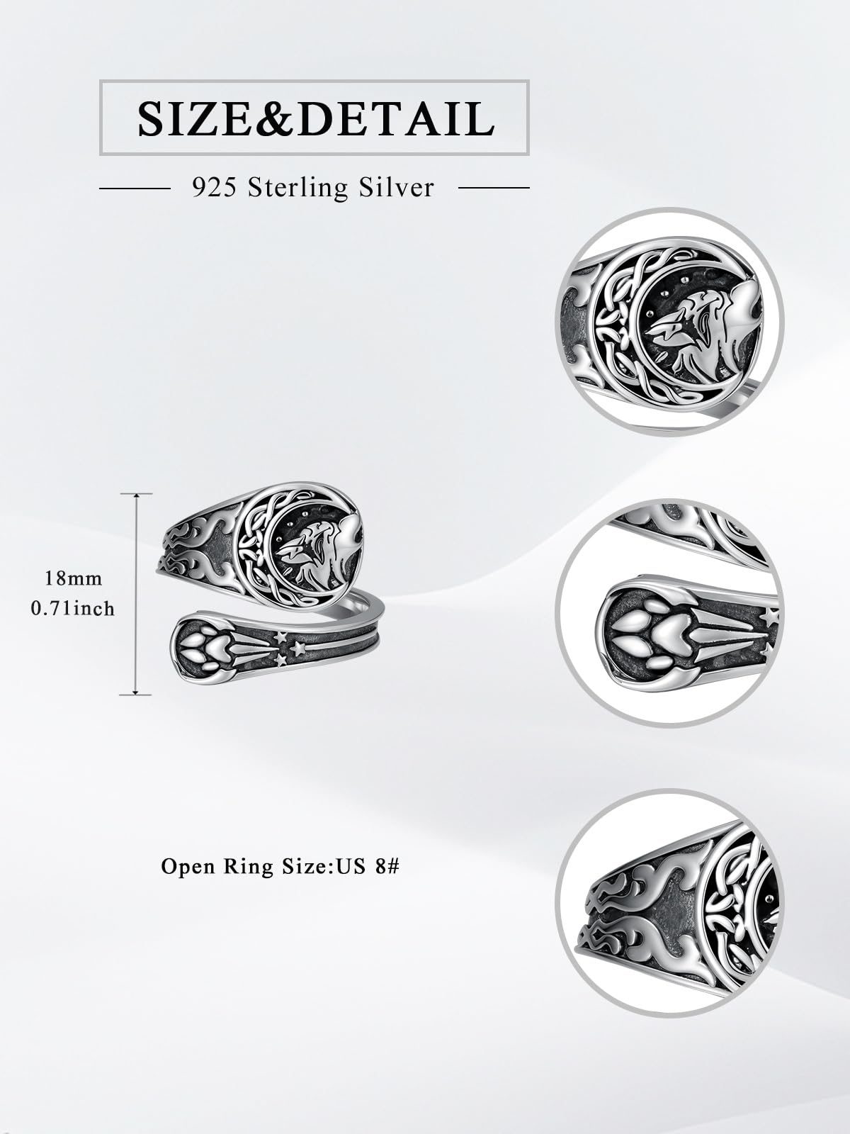 Midari Celtic Wolf Spoon Ring for Women Men 925 Sterling Silver Adjustable Wolf Crescent Moon Paw Viking Thumb Rings Jewelry for Women Halloween Birthday Christmas Gifts