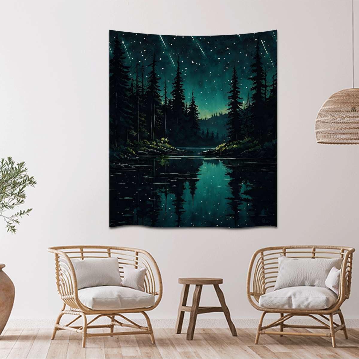 Mystical Enchanted Forest Tapestry Aesthetic Wall Hanging Tapestries Wall Decor Moody Night Sky with Meteor Showers over Lake for Bedroom Living Room Dorm Gallery (WCDOY53,40" L x 30" W)