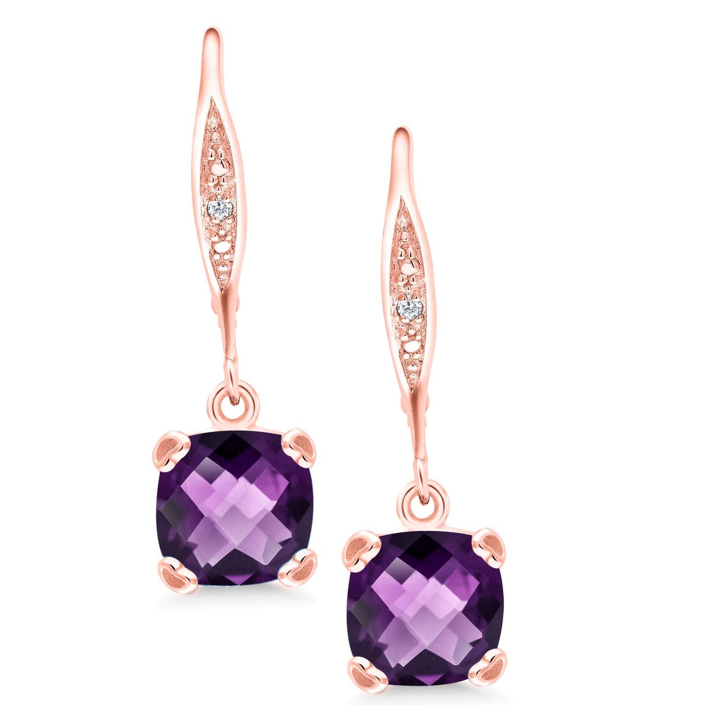 Gem Stone King Drop Dangle Earrings For Women | 7MM Cushion Cut Gemstone Birthstone and Diamond | 925 Sterling Silver | Jewelry Gift for Mom Wife Her | Amethyst-Checkerboard-February | Rose Gold