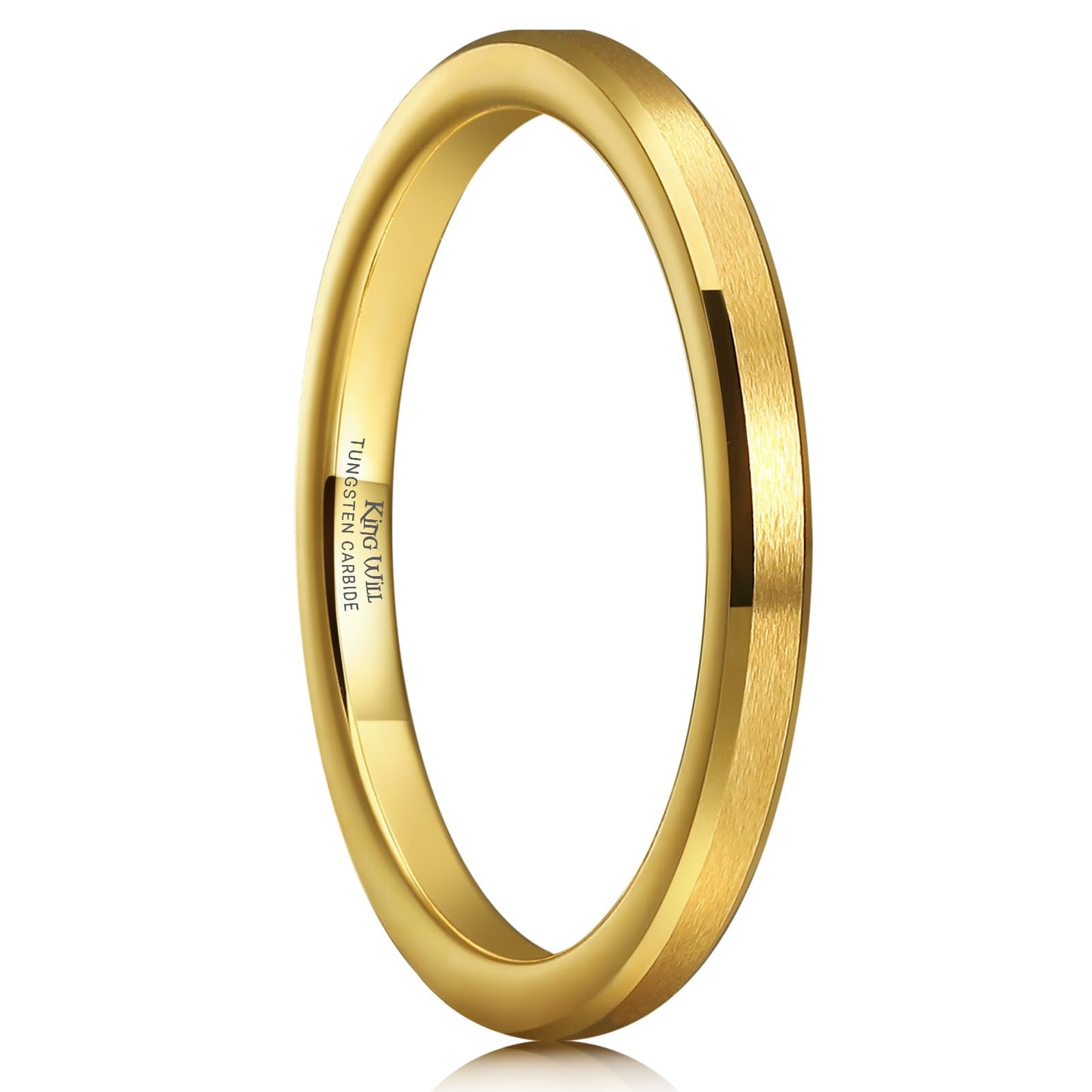 King Will 2mm Gold Tungsten Men's Wedding Band - Brushed Matte Finish, Beveled Polished Edge, Comfort Fit Size 6