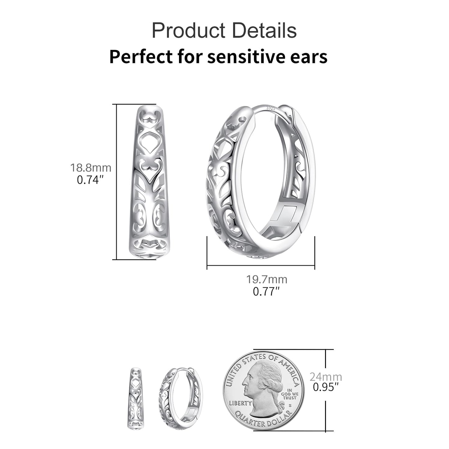 JSGEMSLEE 925 Sterling Silver Filigree Earrings for Women Hypoallergenic Vintage Filigree Oval Hoop Earrings for Women
