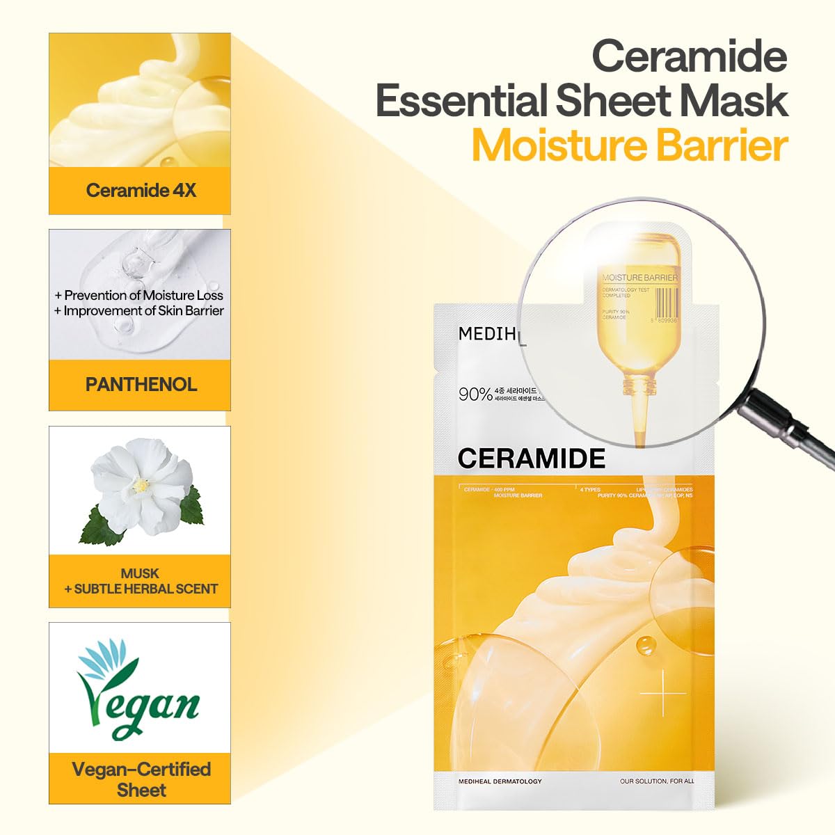 Mediheal Essential Face Mask [Ceramide] Moisture Barrier 10 pcs. with 90% Ceramide, Panthenol for Intense Hydration & Skin Barrier & Daily Skin Nourishment - Vegan Formula Korean Beauty Sheet Mask