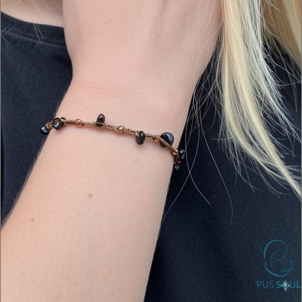 PusSoul Handmade Black Obsidian Small Crystal Bracelet (6.5-7.5'') - Adjustable & Plus Size, Real Black Obsidian, Waterproof, Chakra Beaded - Unusual Jewelry for Women, Girl & Friendship from
