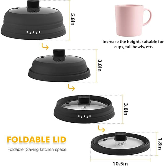 Tall Microwave Splatter Cover Glass Cover Guard Lid 5.8 inch Height with Collapsible Silicone for Food Pot Plate 10.8 inch Black