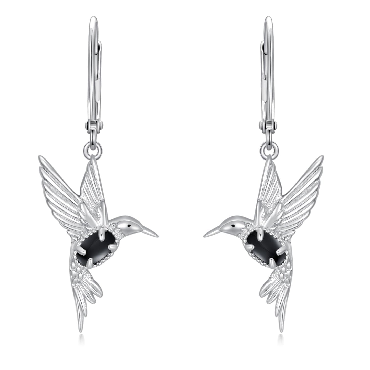 BETHZA Hummingbird Earrings 925 Sterling Silver Natural Black Onyx Hummingbirds Drop Dangle Earring Animal Jewelry Gifts for Women