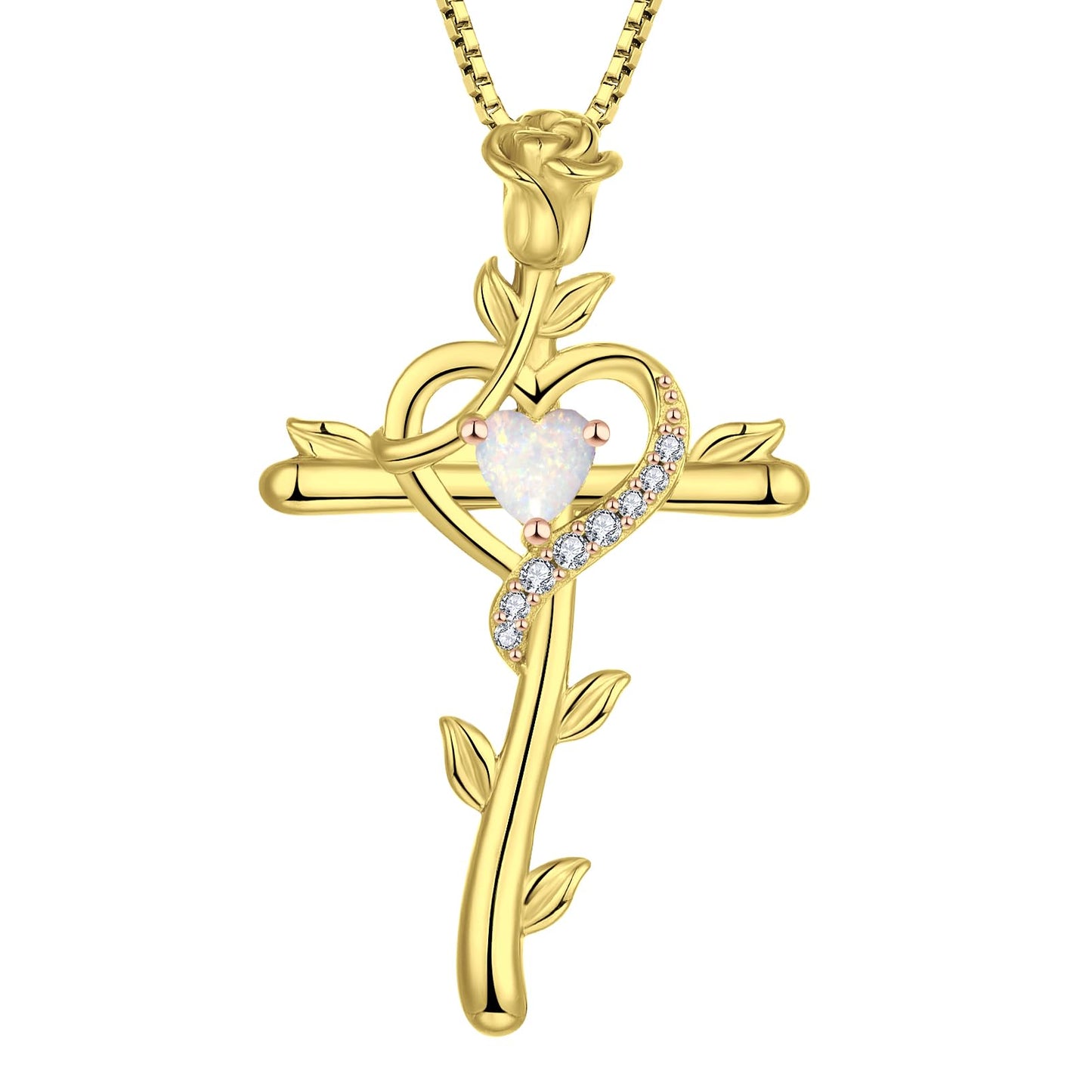 STARCHENIE Rose Cross Necklace, 925 Sterling Silver 14K Gold Plated, Created Opal Heart Pendant, Crucifix Jewelry Gift for Women