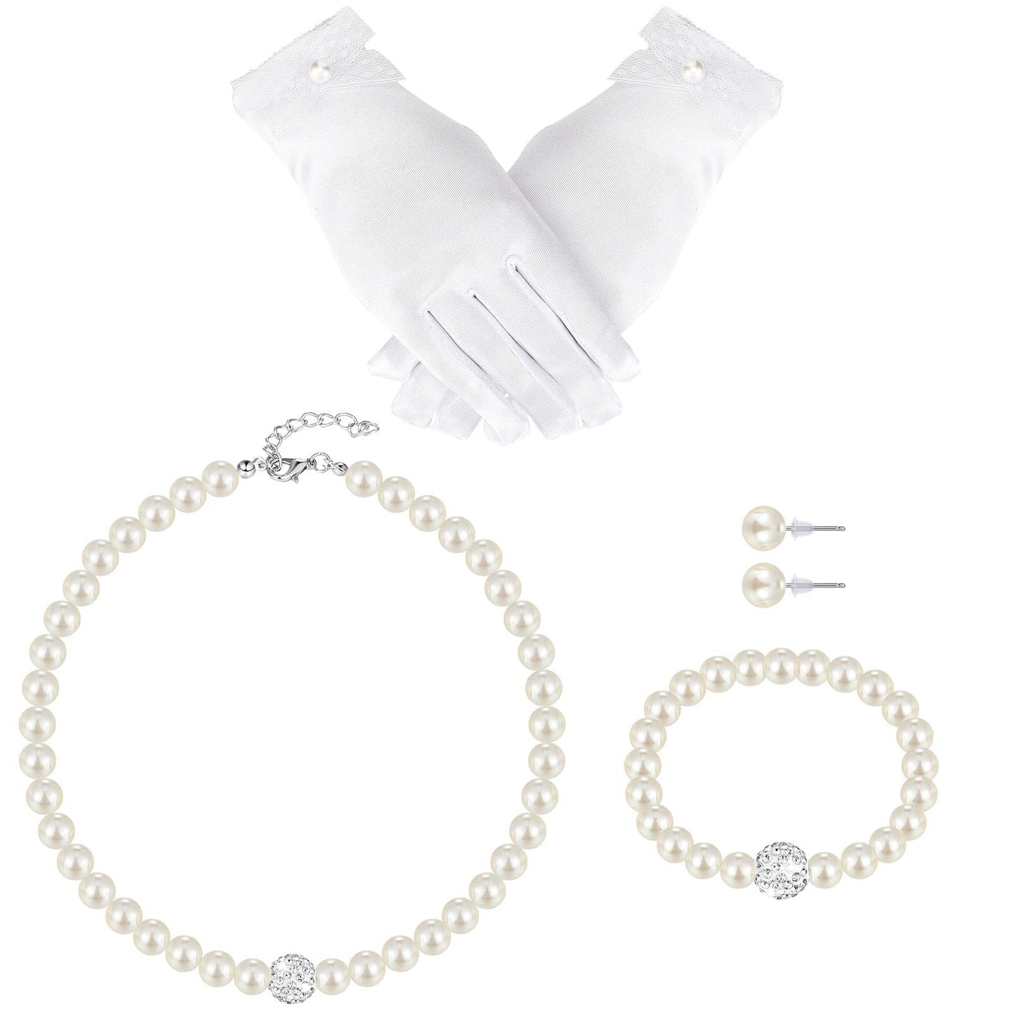 Geyoga 4 Pcs Pearl Necklace Set for Little Girls Toddler Girls Jewelry Communion Gloves for Kids Christmas Tea Party Wedding(Modern Style,8-12 Years)