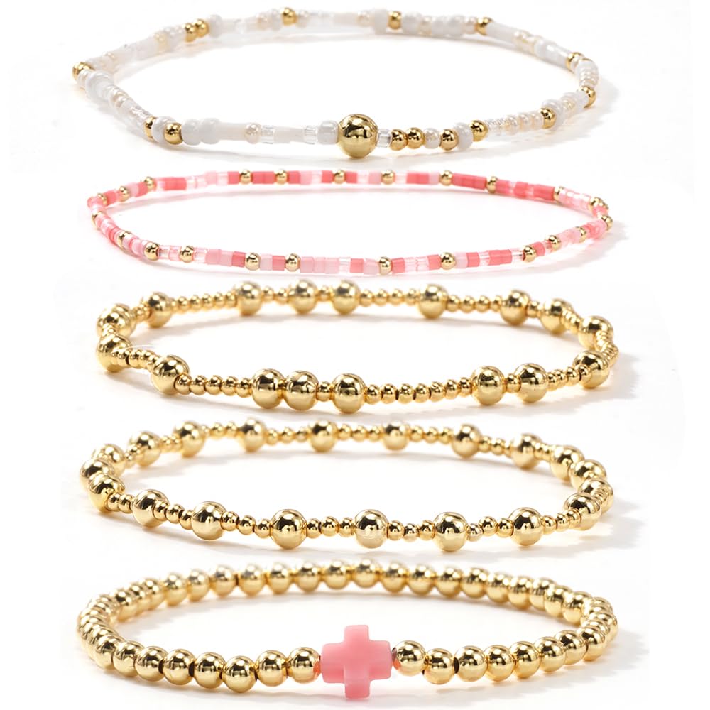 Cross Gold Beaded Bracelet Stack for Women,Dainty Bohemian Stretch Pink Seed Beads Stackable Bracelets Set Fashion Party Holiday Birthday Accessories Jewelry Gift Friendship