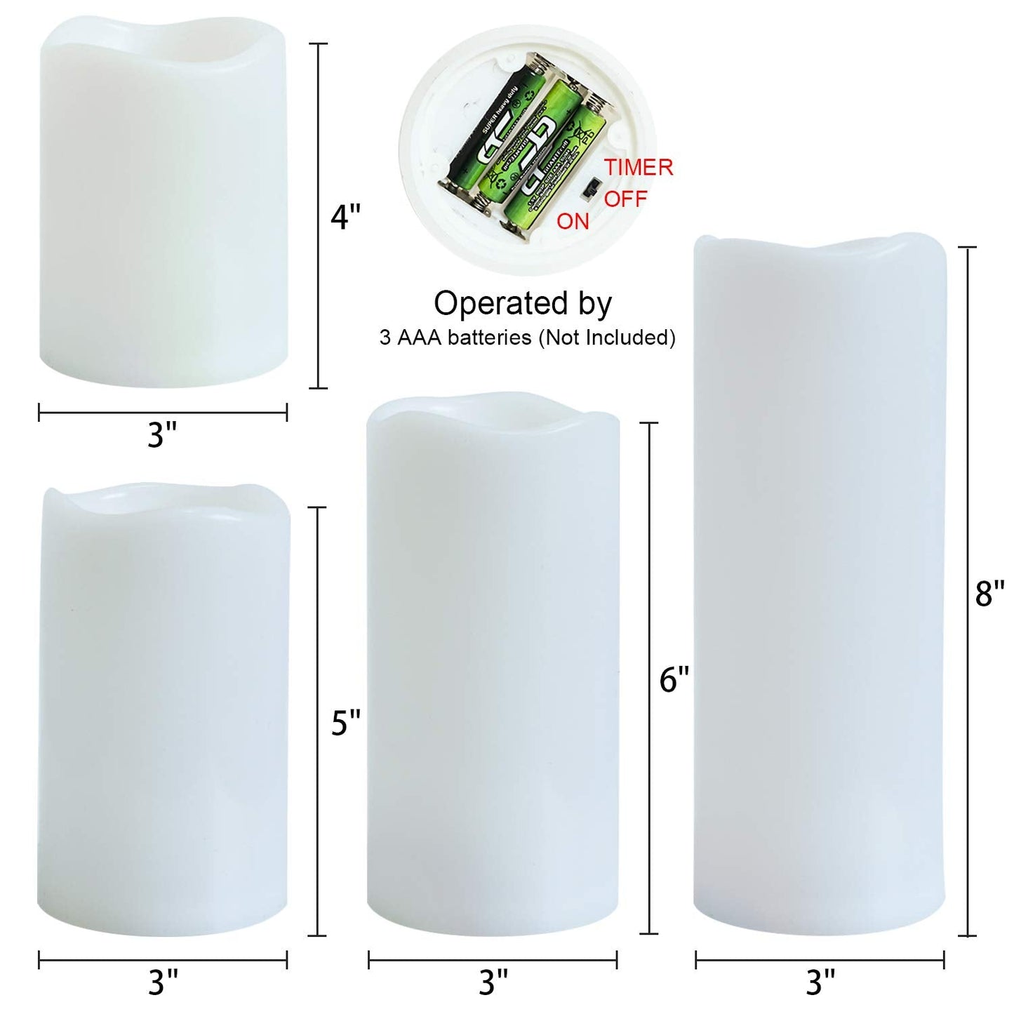 Eldnacele Waterproof Flameless Flickering Candles with 6 Hours Timer, Indoor Outdoor White LED Plastic Battery Operated Pillar Candles Pack of 4 Wedding Dinner Home Decor, D3”x H4” 5” 6” 8”