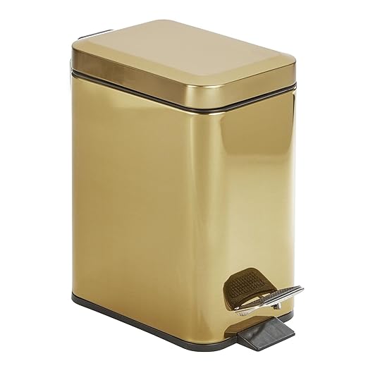 mDesign Slim Metal Rectangle 0.8 Gallon Trash Can with Step Pedal, Easy-Close Lid, Removable Liner - Narrow Wastebasket Garbage Container Bin for Bathroom, Bedroom, Kitchen, Office - Soft Brass