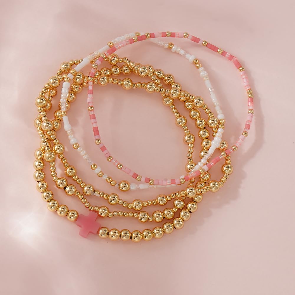 Cross Gold Beaded Bracelet Stack for Women,Dainty Bohemian Stretch Pink Seed Beads Stackable Bracelets Set Fashion Party Holiday Birthday Accessories Jewelry Gift Friendship