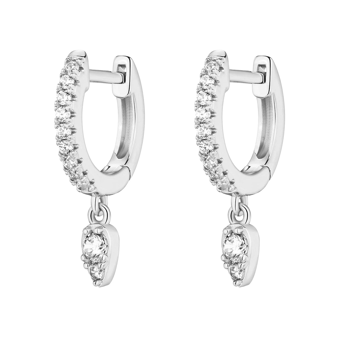 PAVOI Rhodium Plated 925 Sterling Silver Post Dangle Huggie Hoop Earrings For Women - Trendy Tear Drop Shaped Cubic Zirconia Hoop Earrings - Small Hinged Huggies