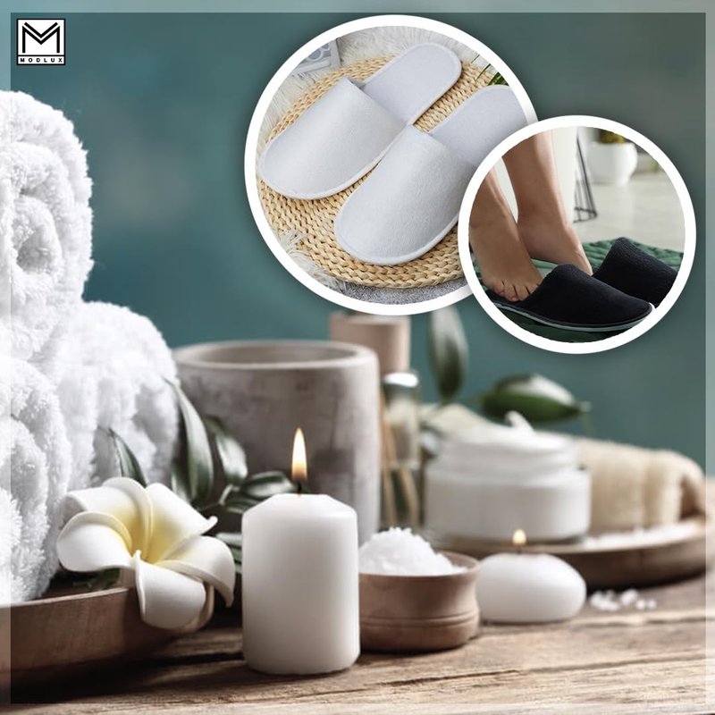 Modlux Spa Slippers - 12 Pairs of Cotton Velvet Closed Toe Hotel Slippers – Thick, Soft, Non-Slip, Disposable Slippers for Guests– 6 Medium and 6 Large - Home, Hotel, or Commercial Use
