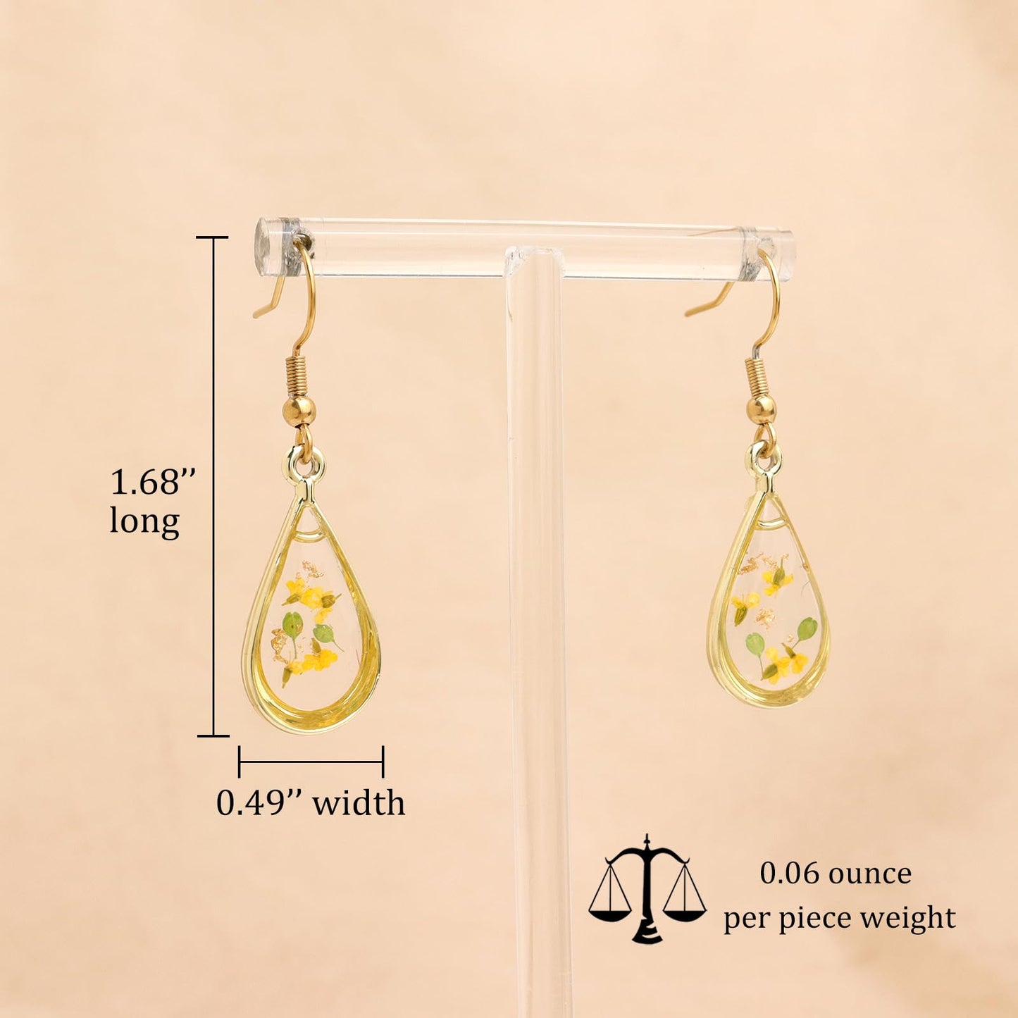 Jean Beau Handmade Pressed Flower Earrings for Women, Unique Resin Yellow Dried Flowers Gold Plated Teardrop Dangle Drop Nature Floral Earings Fashion Summer Jewelry Gift