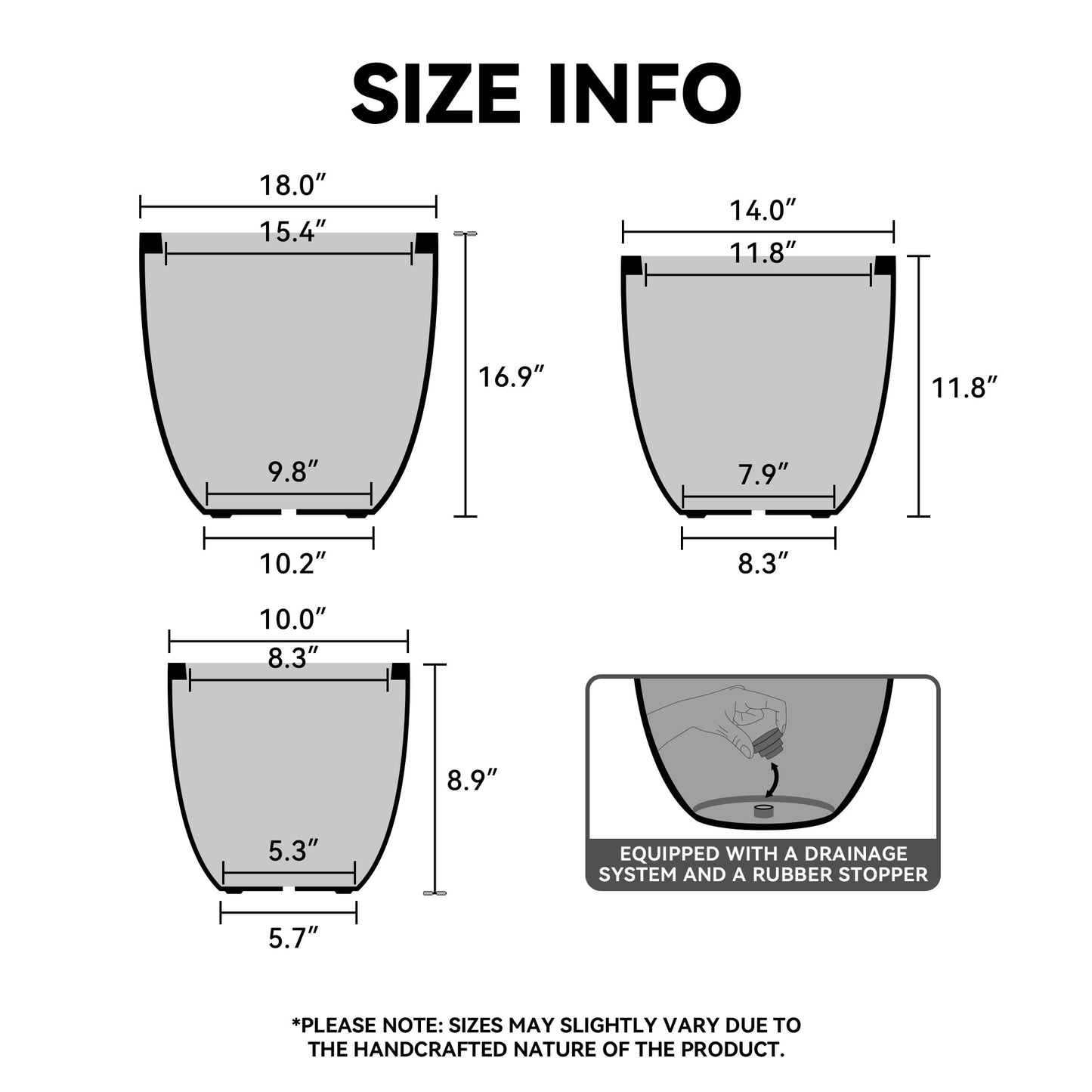 Kante Round Concrete Planter Set of 3, Large Outdoor Indoor Plant Pots with Drainage Hole, 10/14/18-Inch Diameter Flower Pots for Patio, Garden and Home, Weathered Concrete