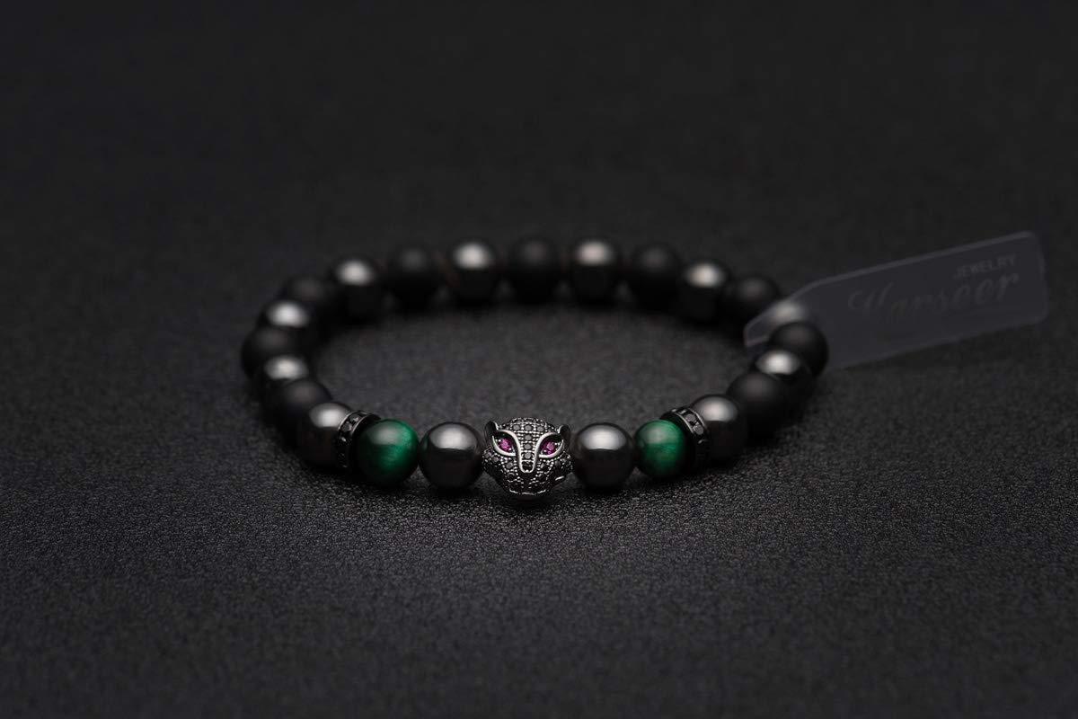 Karseer Black Panther Bracelet, Matte Onyx Natural Crystal and Magnetic Hematite Stone Beaded Elastic Bracelet, Handmade Semi-Precious Stone Jewelry Gift for Men and Women