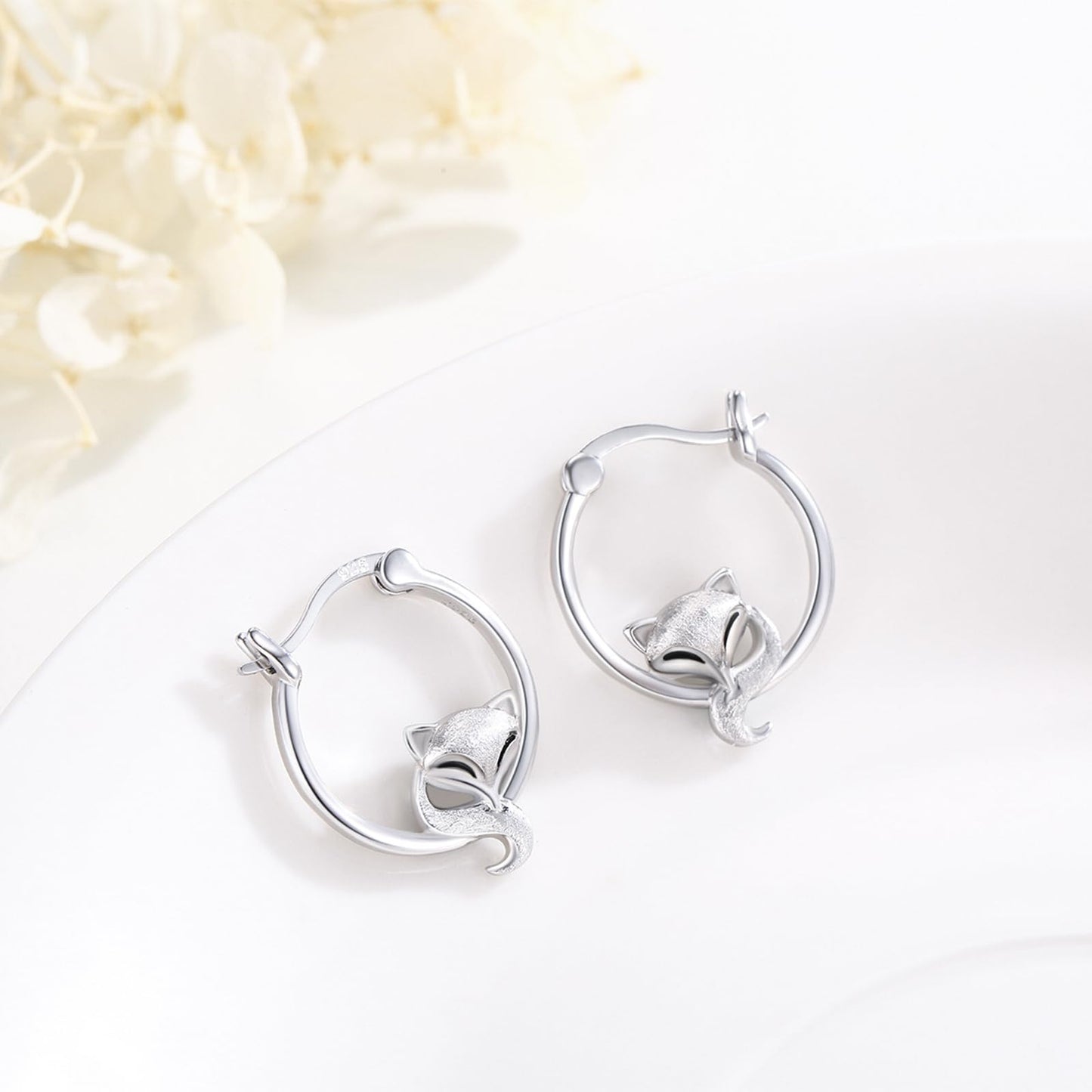 Fox Earrings 925 Sterling Silver Hypoallergenic Cute Animal Hoop Earrings for Sensitive Ears Lucky Fox Jewelry Mothers Day Gifts for Women Girls