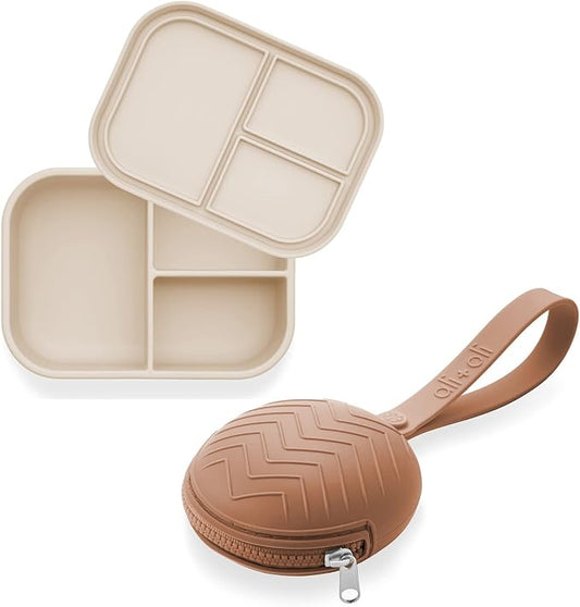 Ali+Oli Bundle, Silicone Pacifier Case (Chutney) Newborn Pacifier Holder, Travel Baby Pacifiers Silicone Pouch, Leak Proof Bento Box (Coconut) Food-Grade Silicone Bento Box