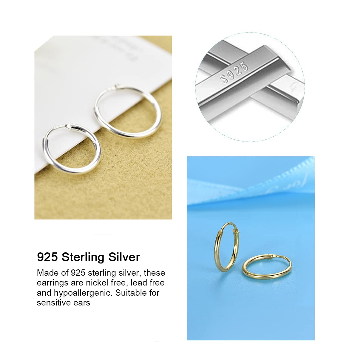 EPIRORA Silver Hoop Earrings- Cartilage Earring Small Hoop Earrings for Women Men,4 Pairs of Hypoallergenic 925 Sterling Silver Tragus Earrings (8mm*4, Silver&Gold)