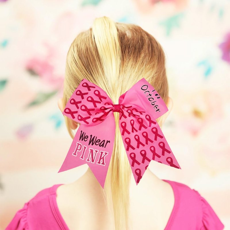 16 Pieces 7 Inch Breast Cancer Awareness Cheer Hair Bows Ponytail Holder Large Glitter Pink Ribbon Hair Bows Accessories Elastic Band Handmade for Teens Women