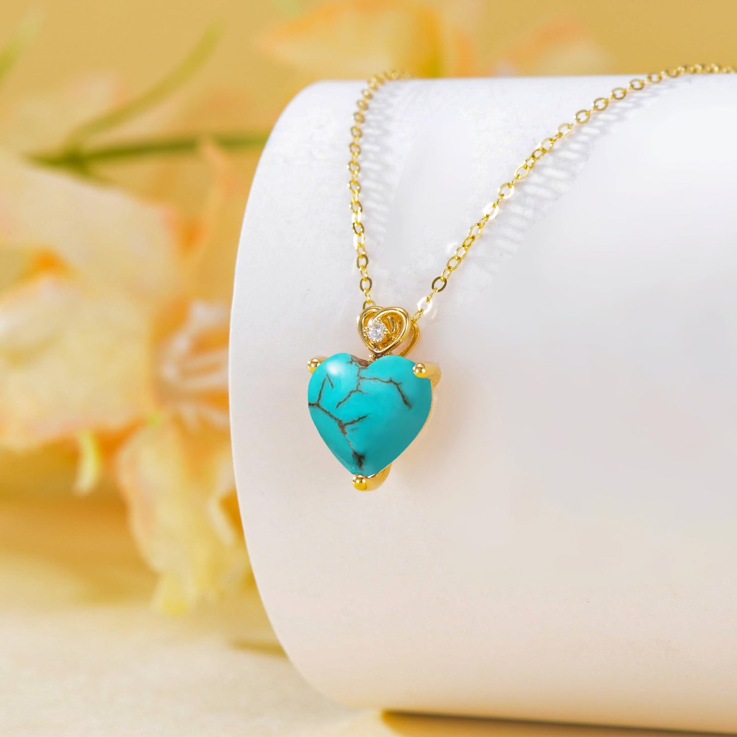 NFYBD 14k Gold Love Heart Turquoise Birthstone Pendant Necklace for Women 3 Carat Heart-cut Created Gemstone Anniversary Birthday Mother's Day Necklaces for Her 16+1+1 inch
