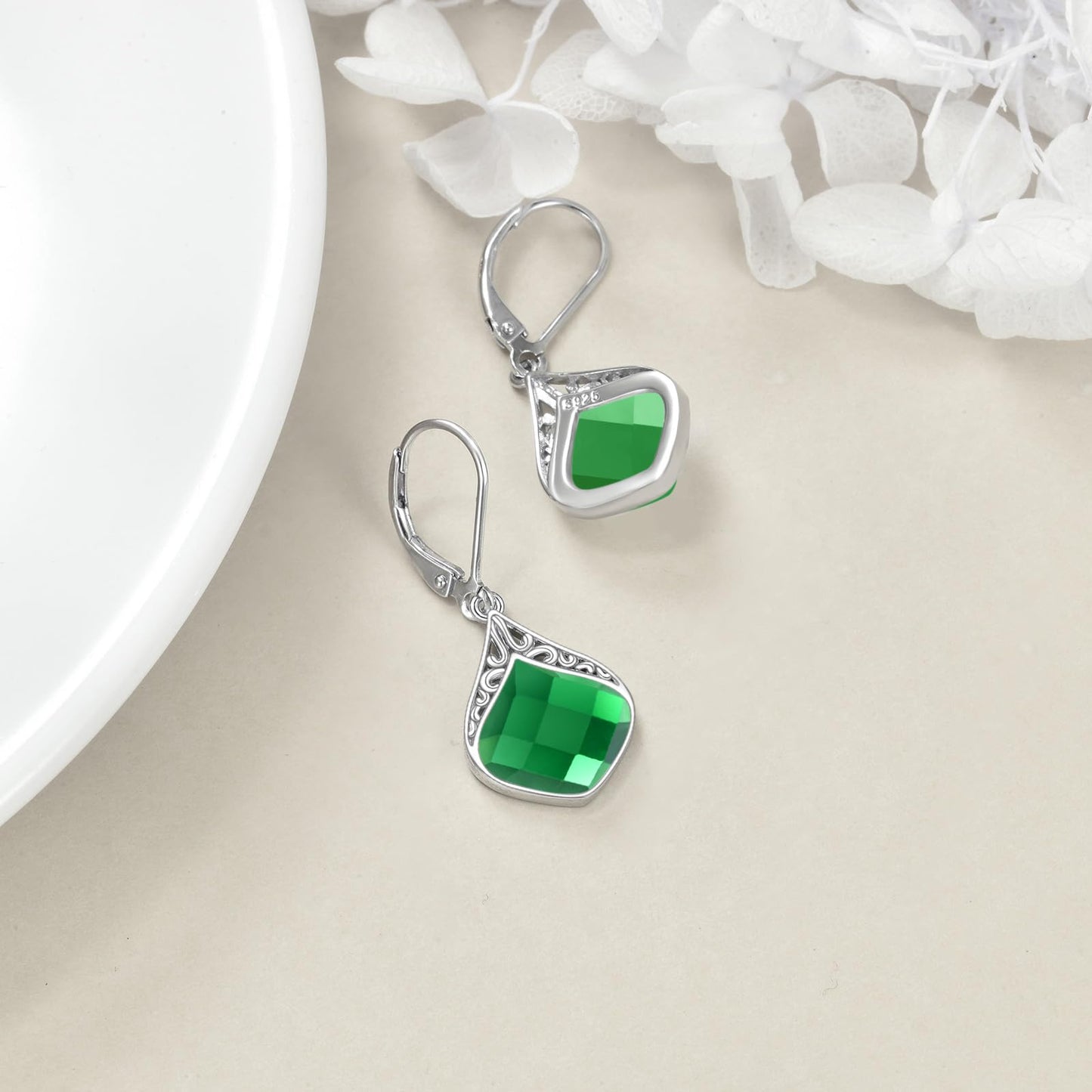 Emerald Drop Earrings Sterling Silver Green Stone Teardrop Dangle Earrings Filigree Irish Earrings Jewelry Christmas Gifts for Women