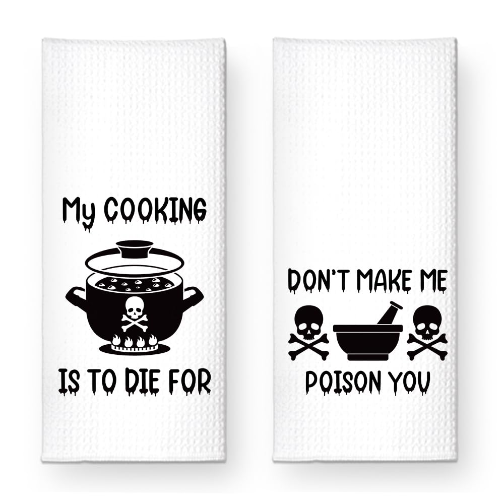 ZBBFSCSB Don’t Make Me Poison You Kitchen Towels 2 Pack, Sarcastic Halloween Horror Kitchen Decor, Funny Dish Towels Gifts for Women Mom Hostess, Thanksgiving New Home Gifts for Neighbor Friend
