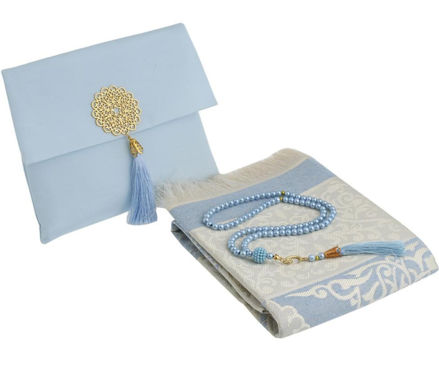 Prien Muslim Prayer Rug with Tasbih and Portable Bag, Muslim Gift for Women Men, Mubarak Islamic Box, Soft Mat Islam Gifts Set, Turkish Sajadah for Ramadan, Eid, Hajj, Travel, Pray (Blue)