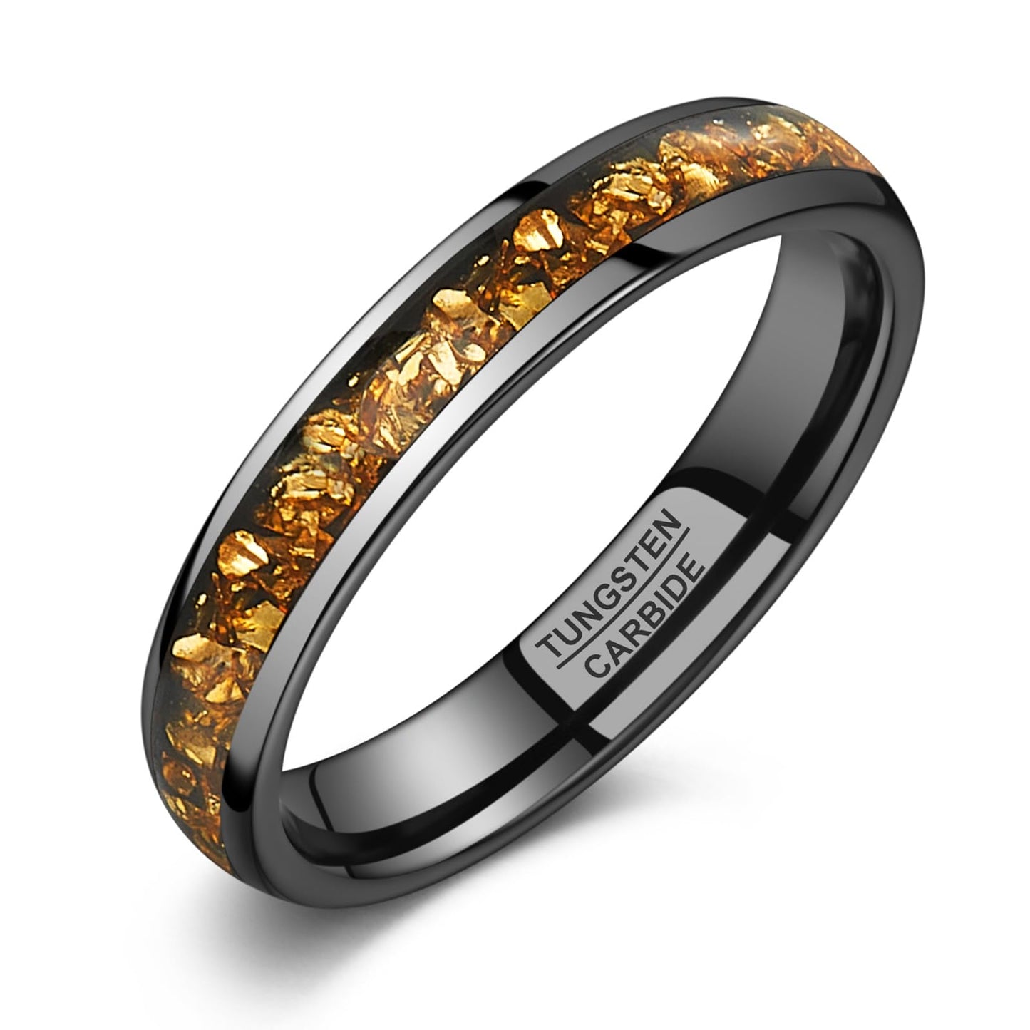 NUNCAD Women's Tungsten Rings 4mm Black Wedding Band Inlaid with Citrine Center Polished Domed Comfort Fit Size 8