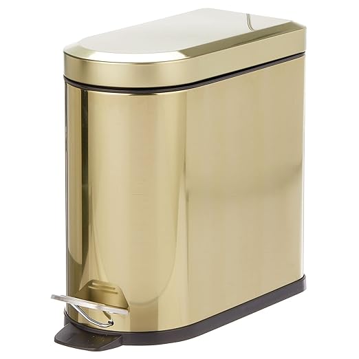 mDesign Small 1.3 Gallon Stainless Steel Metal Step Trash Can Garbage Bin for Bathroom, Bedroom, Home Office, D-Shape Trashcan with Foot Pedal and Lid, Removable Liner Bucket with Handles, Soft Brass