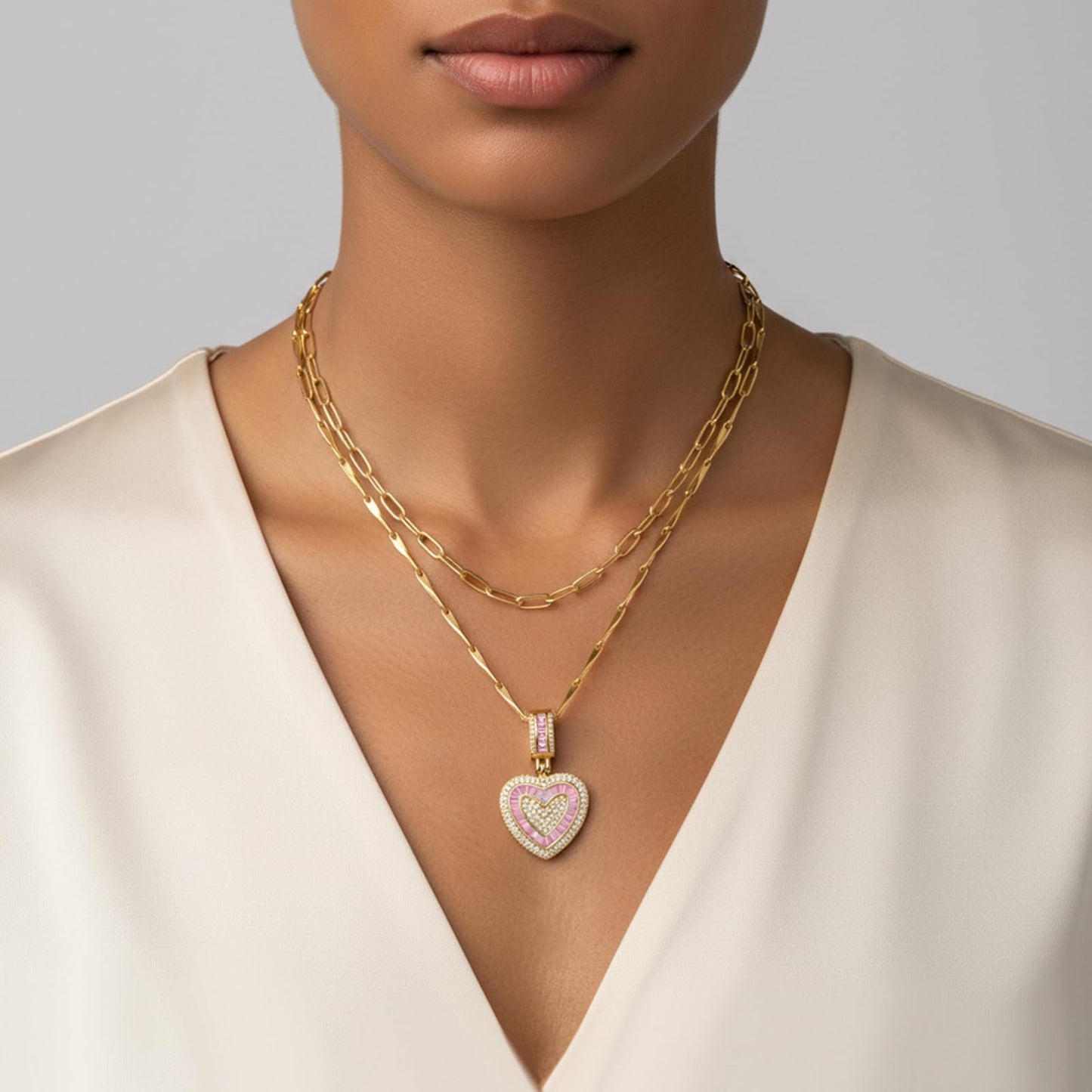 MEIITRUE Heart Necklaces for Women Trendy 14k Gold Plated Dainty Layered Necklace Set Cubic Zirconia Love Pendant Choker Thin Paperclip Chain Stackable Jewelry Gift Pink