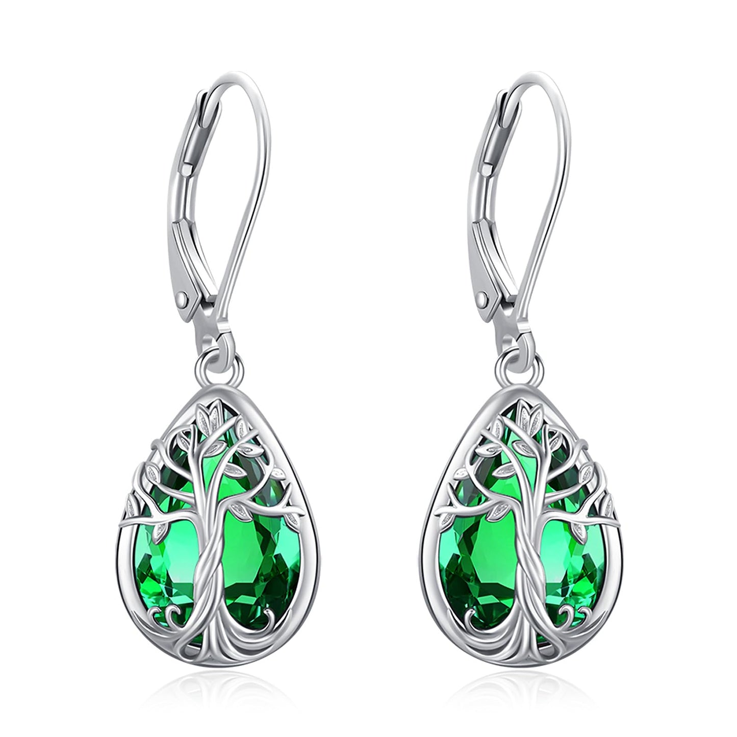 Eusense Tree of Life Earrings 925 Sterling Silver Dangle with May Birthstone Emerald Earring for Women Teardrop Leverback Sterling Silver Birthstone Jewelry Gift