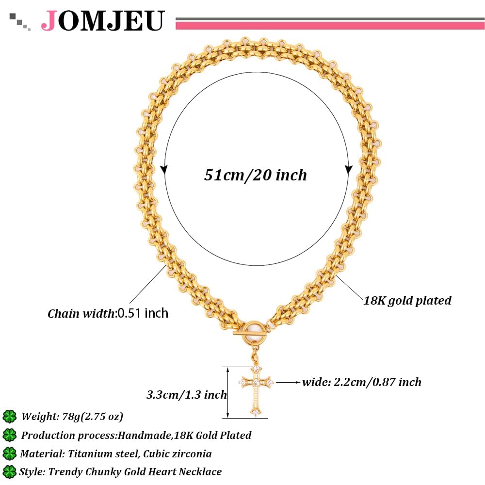 jomjeu Cross Necklace for Women Chunky Gold Necklaces 18K Gold Plated Stainless Steel Chain Pendant Necklace Classic Trendy Toggle Thick Gold Necklaces Jewelry Gifts for Women
