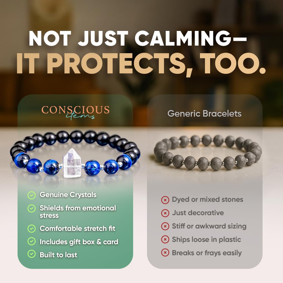 Conscious Items Negativity Bracelet for Women & Men, Blue Tiger’s Eye, Clear Crystal Quartz, & Black Obsidian Bracelet for Grounding & Energy Protection