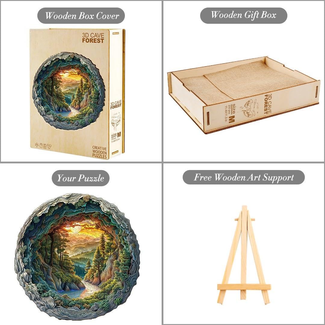 Jollitot Wooden Puzzles, 3D Cave Forest Puzzle 300 Pieces, Unique Animal Shaped Wood Challenging Jigsaw Puzzles Ideal for Adults, Premium Wood Gift Box 13.4x13.3in