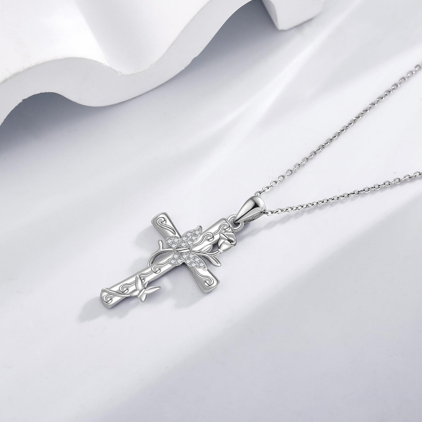 AXOMY Butterfly Necklace for Women 925 Sterling Silver Cross Butterfly Pendant Rose Necklace Cross Jewelry Gifts for Mom Wife