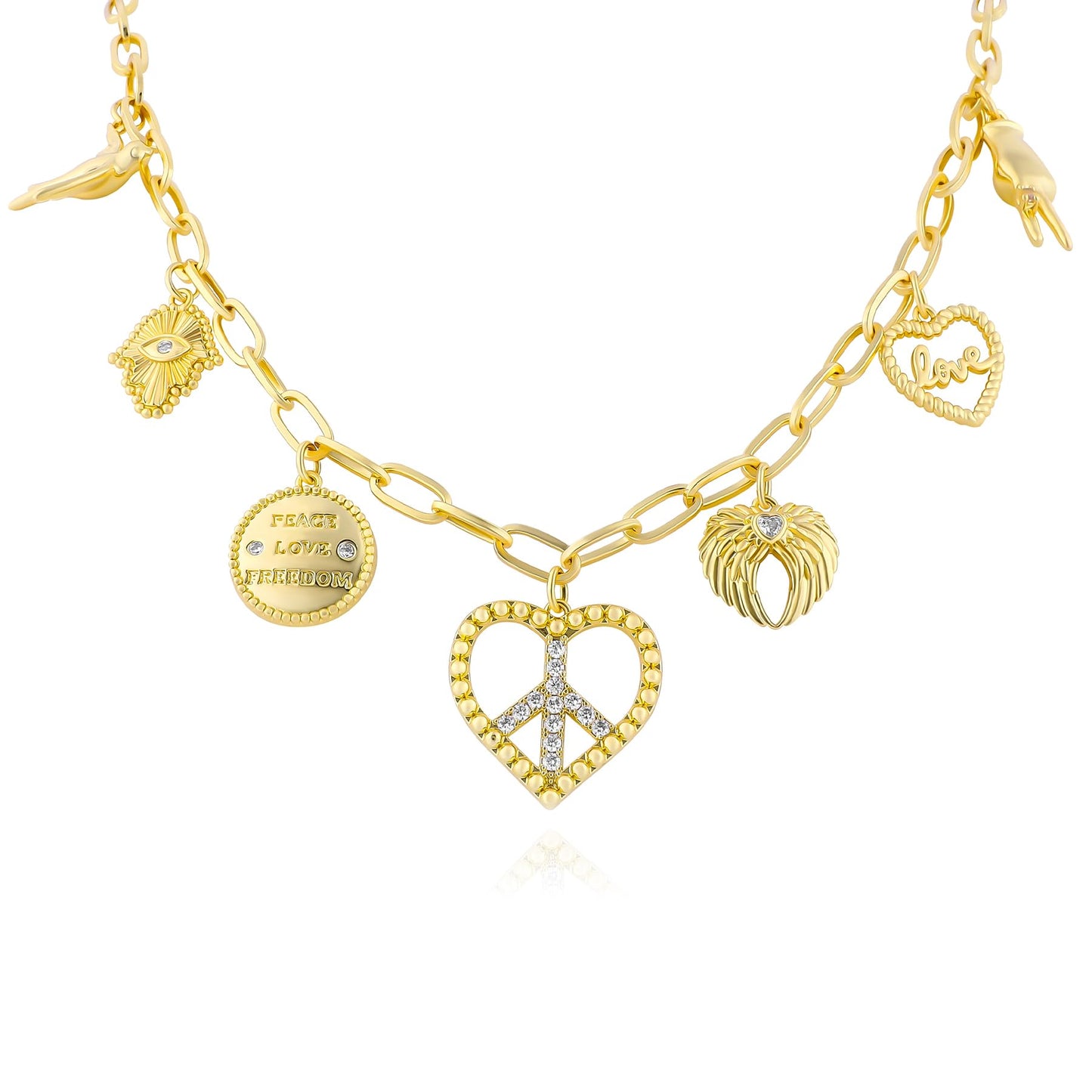 NEKOL Peace Sign Heart Charm Necklace for Women, Vintage Hippie Style Peace Sign Hamsa Angel Wings LOVE Heart Peace Dove Anti War Necklace Retro Boho Party Dressing Accessories Jewelry Gifts