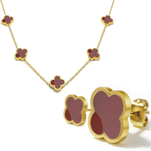 Aimétte Monette 18K Gold Plated Jewelry Set, Clover Necklace Stud Earrings for Women Hypoallergenic Red Lucky Clover Pendant Necklace Gifts for Women Trendy