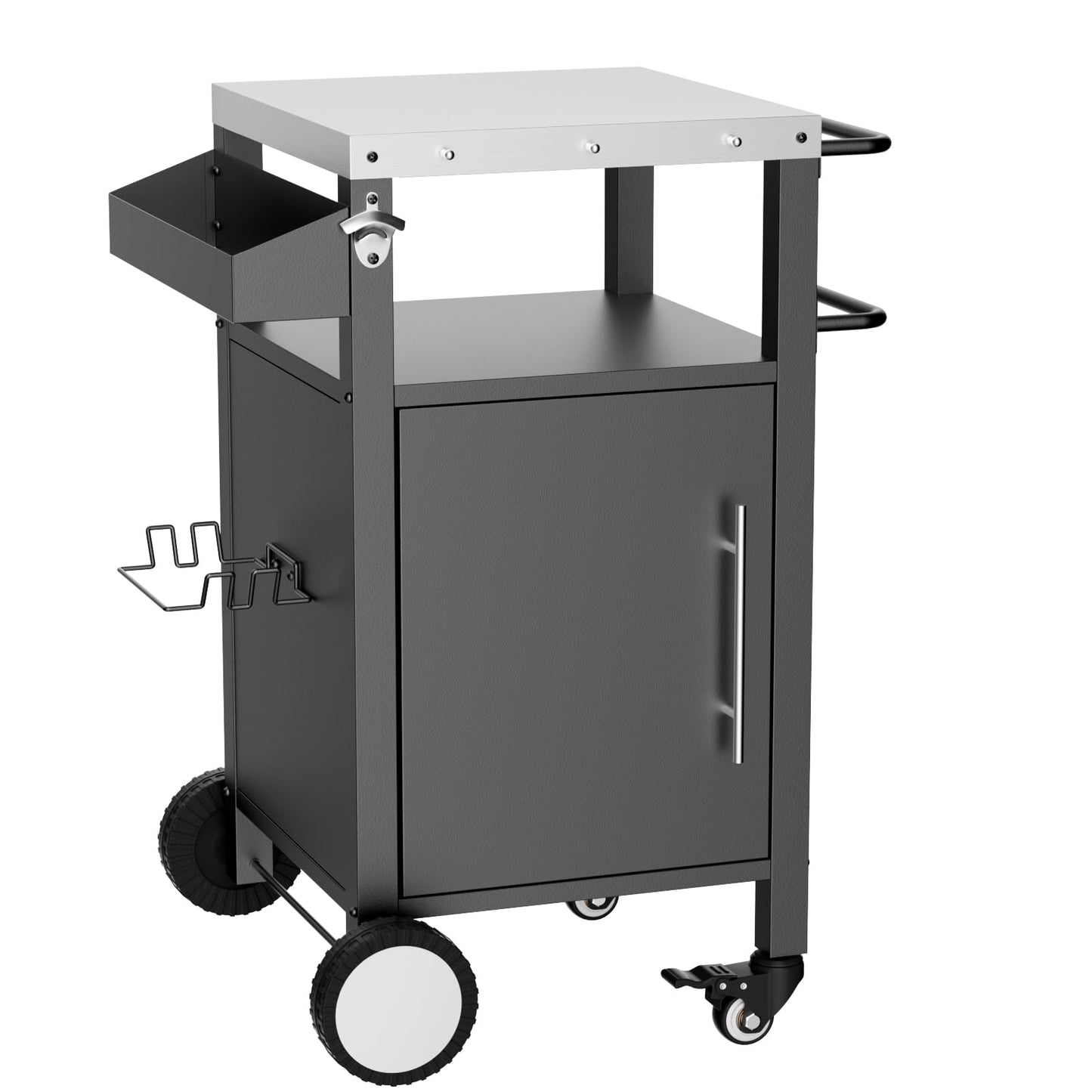 KEIKI Outdoor Grill Cart with Storage and Wheels, Rolling BBQ Prep Table with Spice Rack, Hooks, and Side Handles, Black Metal Bar Cart for Patio Kitchen and Grilling Accessories