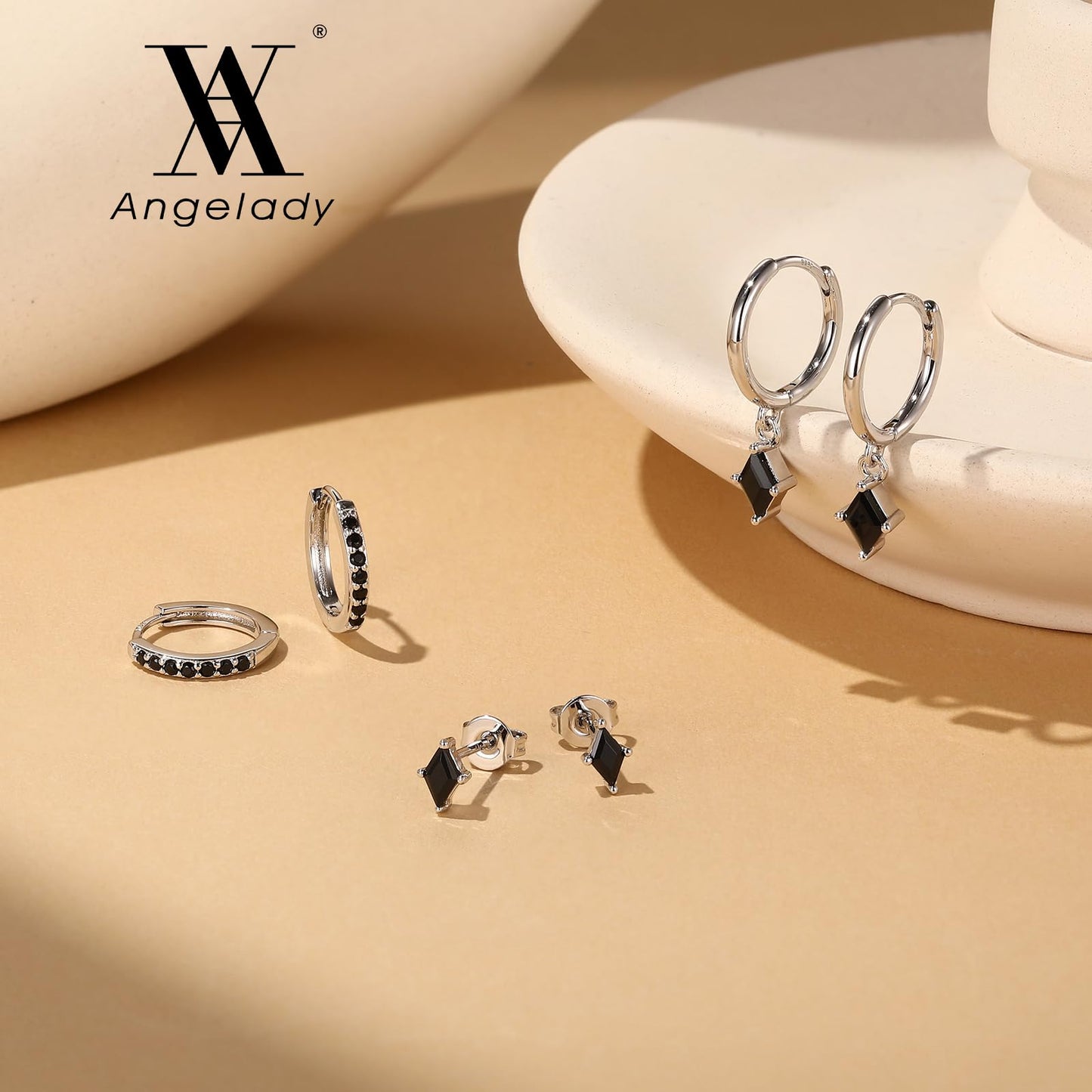 3 Pairs Sterling Silver Earrings Set for Women, Hypoallergenic Silver Black Earrings for Women Dangling, Dainty Huggie Hoop Black Earring Stacks Stud Earring Trendy Jewelry Gifts