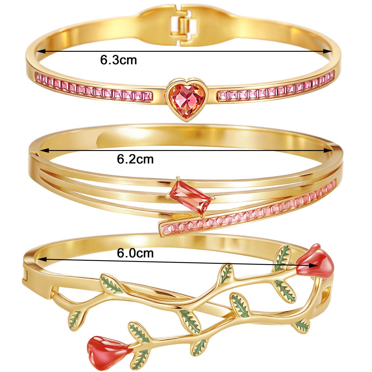 hotoo Rose Floral Stackable Bangle Sets For Women - 18K Gold Plated Stainless Steel Bangle Bracelets Sets Red Heart Gold Bangle Set For Christmas Mother's Day Trendy Jewelry Gifts