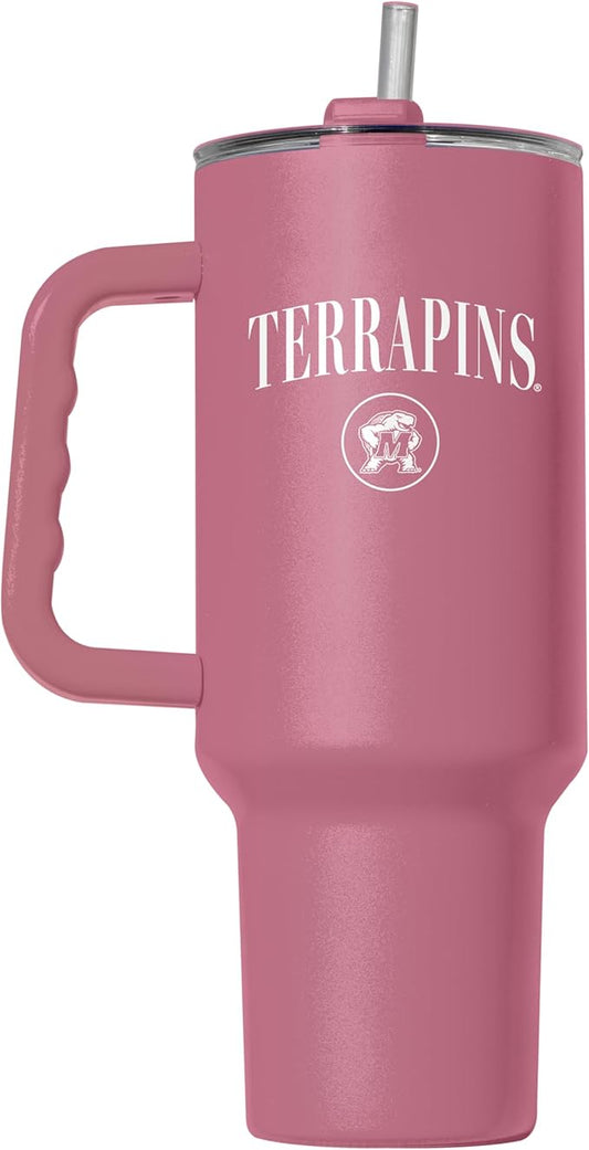 Logo Brands NCAA Maryland Terrapins Berry 40 oz Tumbler with Handle - Stylish Everyday Use Powder Coated-Stainless Steel with Straw- Keeps Cold For Hours